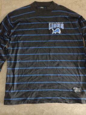 Vintage FRONT ROW Black & Blue Striped Long-Sleeve Crew Shirt Salem Sportswear